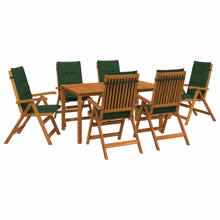 Set da pranzo da giardino vidaXL in legno di acacia naturale con 7 pezzi per 6 persone e cuscini verdi e marroni