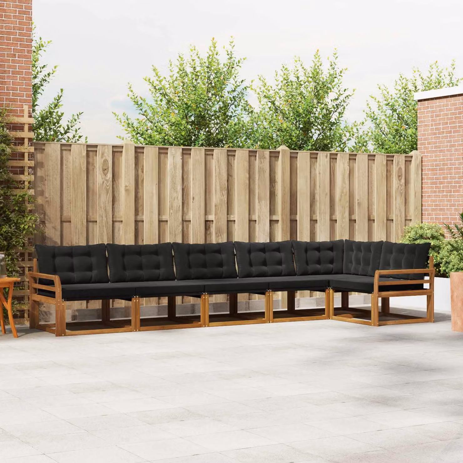 Set di divani da esterno vidaXL a forma di L composto da 6 pezzi in legno di acacia trattato e tessuto textilene, colore beige e nero