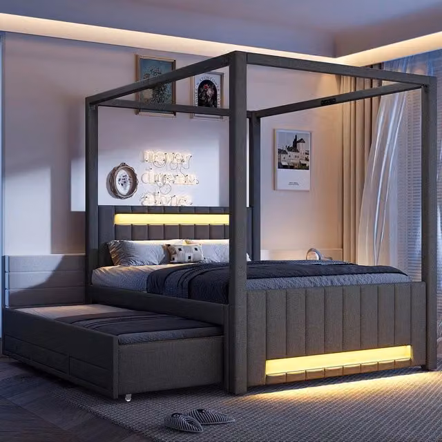 Letto Baldacchino Imbottito con Letto Estraibile, Cassetti e LED ¨C Xylo ¨C Grigio 140x200
