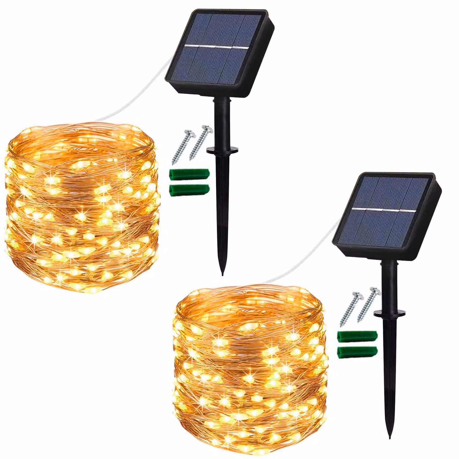Catena luminosa solare, confezione da 2, lunghezza 12 metri, 120 LED, luce bianco caldo, impermeabile