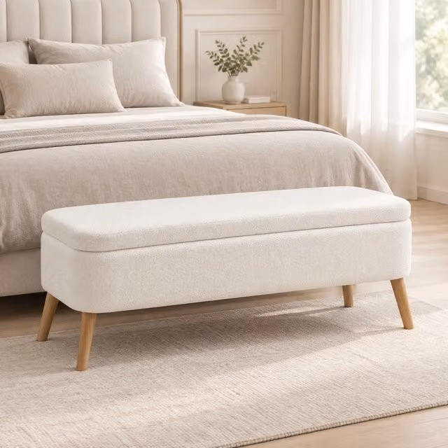 Panca contenitore 120x42x45 cm crema bianco, vano 65 L, seduta in tessuto polare, legno
