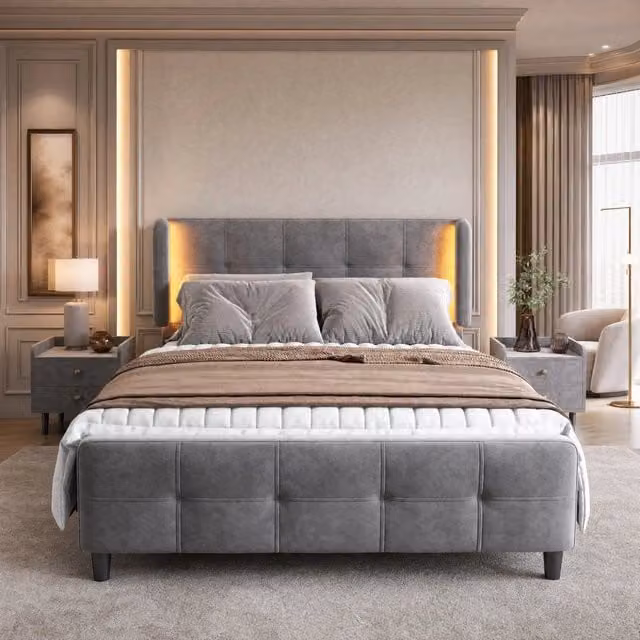 Letto matrimoniale 140x200 cm grigio in velluto, LED a 16 colori, senza materasso