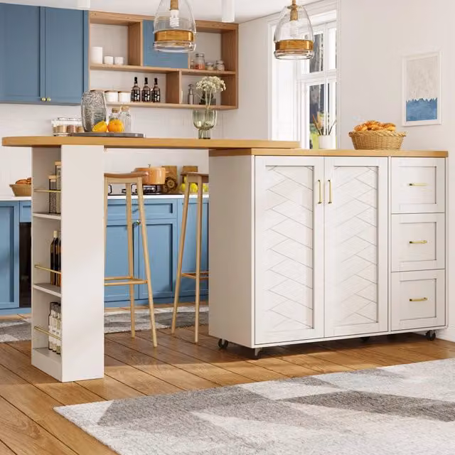 Desviae Carrello da cucina estensibile con 2 ante, 3 cassetti e ruote in MDF bianco 135-228 × 39 × 104 cm