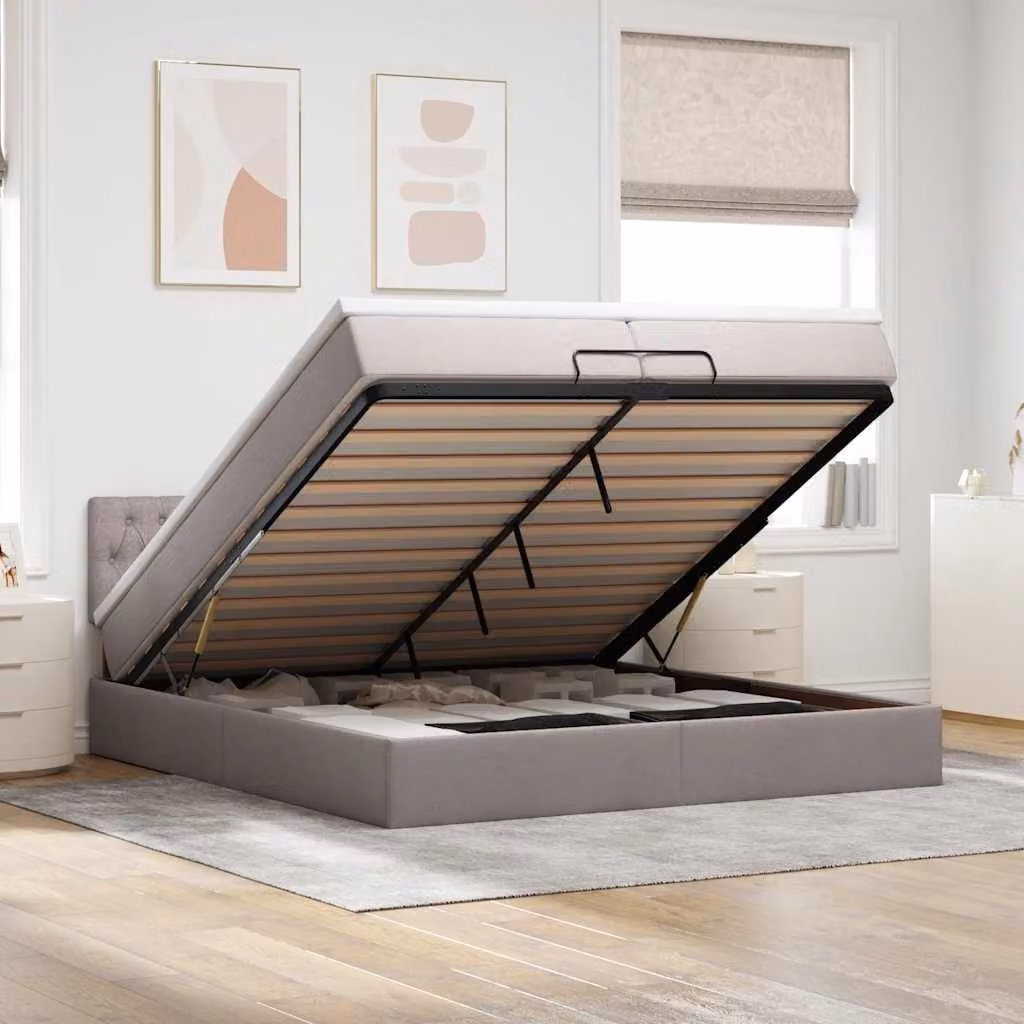 Letto con contenitore a sollevamento vidaXL in tessuto beige e grigio con materasso, L/P/H: 200 x 200 x 280 cm – 1