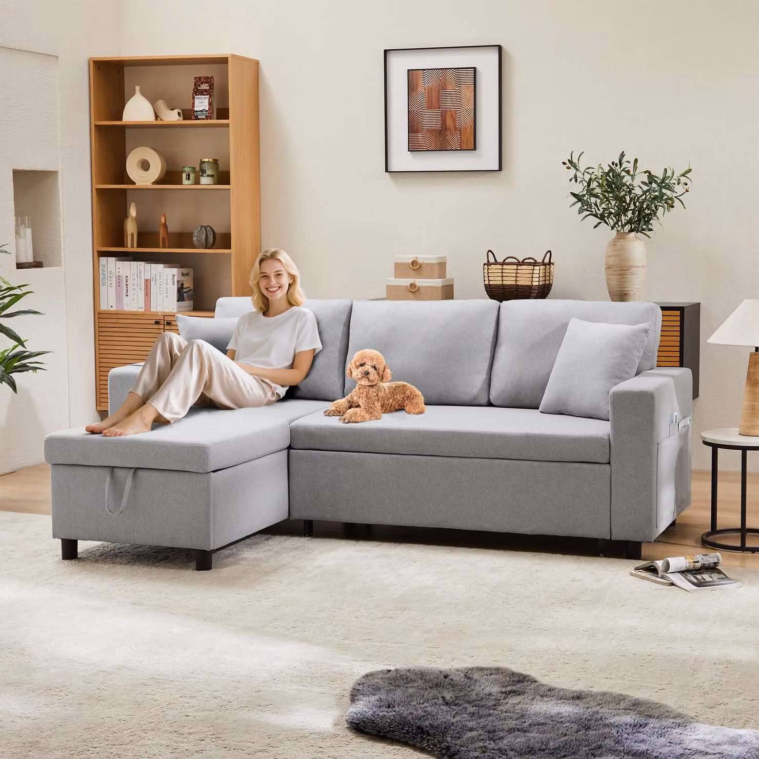 Divano angolare Merax a 3 posti con funzione letto, divano a L con box letto, divano tasca laterale zona giorno, set divano letto, grigio chiaro