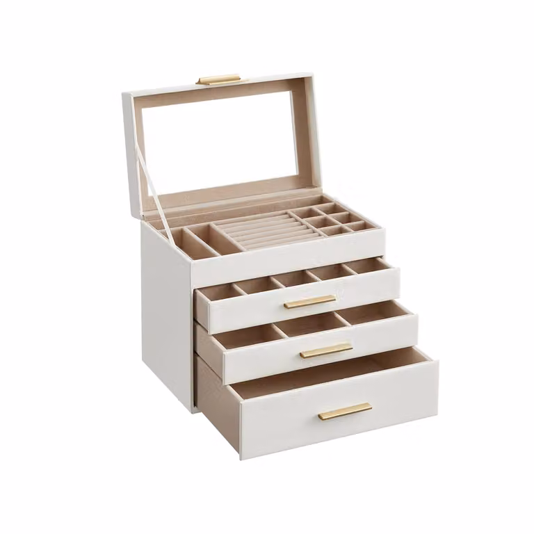 Scatola Portagioie a 4 Livelli con Copercio in Vetro 3 Cassetti | SONGMICS, Bianco Nuvola