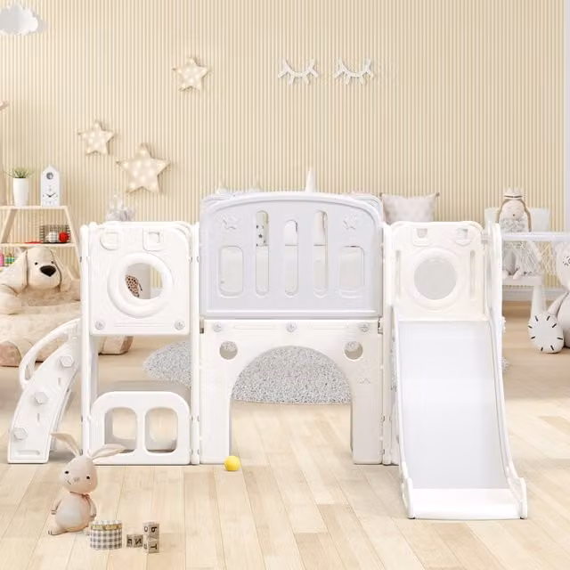Scivolo Multifunzione 6-in-1 per Bambini GL Store con Rampa, Doppia Piattaforma, Armadietti, Canestro e Scala, Grigio e Bianco, L/P/H: 174 x 150 x 95 cm