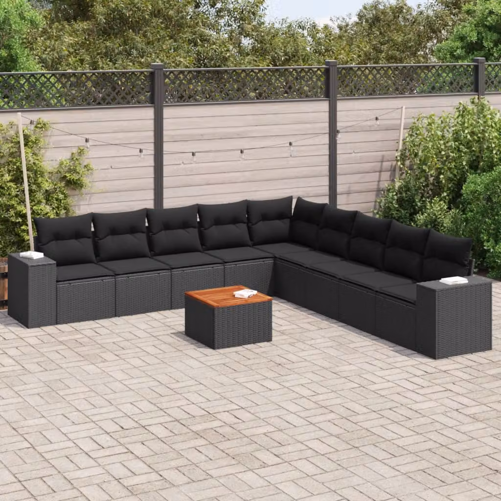 Set di Divani da Giardino vidaXL 10 Pezzi in Polyrattan Nero con Cuscini e Tavolino da Esterno a Forma di L – 1