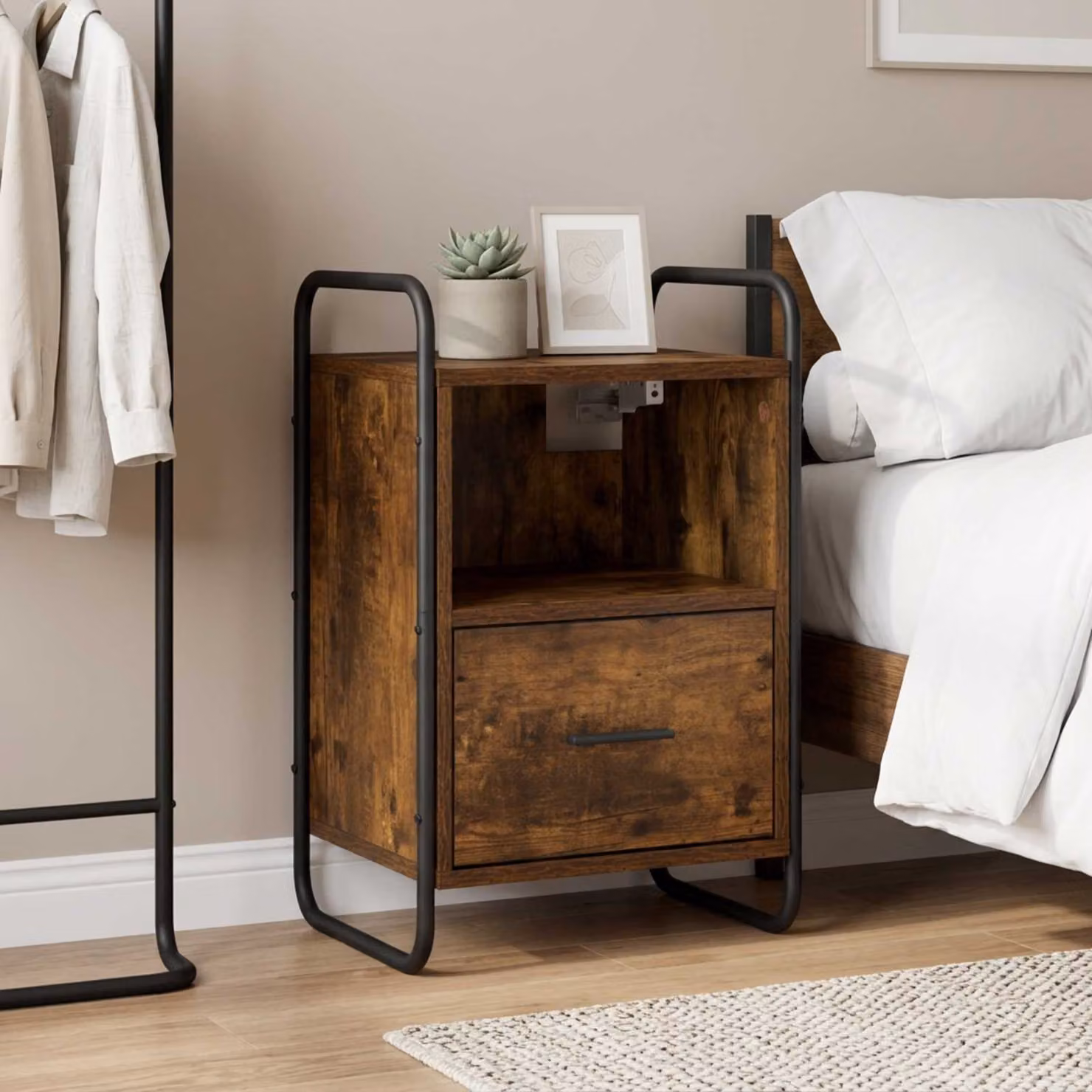 Mobiletto da letto appeso moderno vidaXL in rovere fumo e nero L/P/H: 40 x 30 x 60 cm