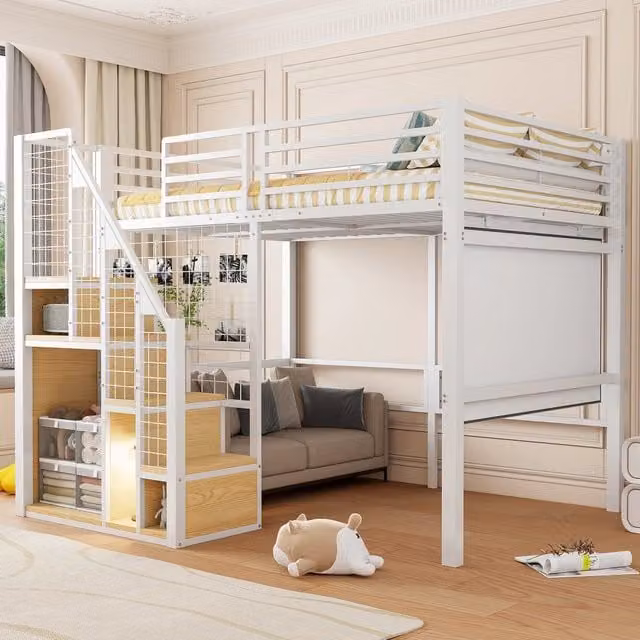 Letto a soppalco 140 × 200 cm 2 posti con scala, armadio e area sottostante, senza materasso, in metallo bianco
