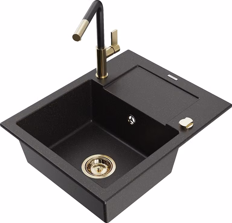 Mexen Enzo lavello in granito 1-vasca con scolapiatti e miscelatore cucina Flora, nero/oro metallizzato - 6506-75-670401-57-G