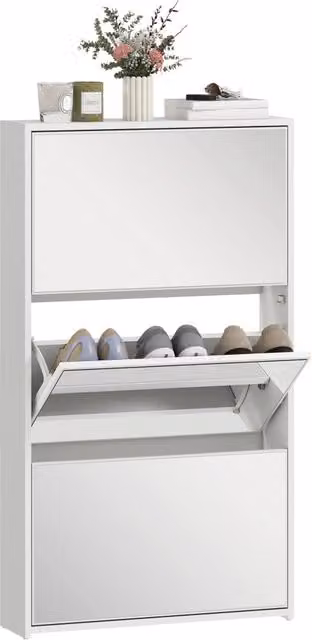 Scarpiera Minimal con Specchio per Ingresso Bianco Lucido L: 65 cm, P: 17 cm, H: 114,5 cm