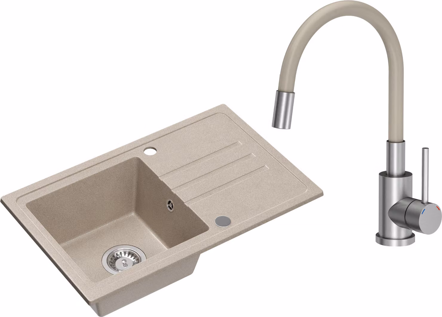VBChome Lavello Granito Beige con rubinetto 70 x 44 cm Lavello da incasso a vasca singola in granito specchiato reversibile Lavabo a sifone Beige Rubinetto con bocca flessibile