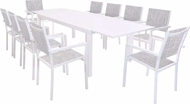 Milani Home - Set Tavolo Giardino Rettangolare Allungabile 200/300x100 Con 10 Poltrone In Alluminio Bianco Da Esterno Giardino - Bianco