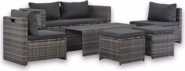 Set da lounge per giardino, 6 pezzi, con cuscini, in rattan sintetico grigio
