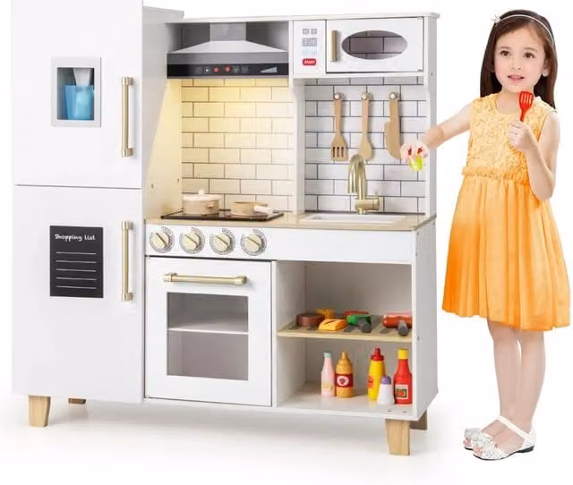 Cucina per bambini in legno con macchina per il ghiaccio, luci e suoni, design bianco, L 92 cm x P 30 cm x H 98 cm