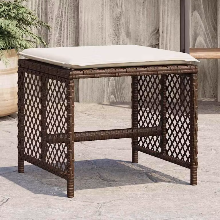 Set di 4 sgabelli da giardino vidaXL in polyrattan marrone con cuscini bianchi L/P/H: 41 x 41 x 36 cm