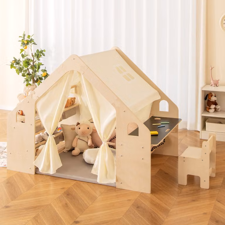 Costway Tenda da gioco 6-in-1 per bambini in legno con lavagna, scrivania e sedia, Casetta da gioco Beige
