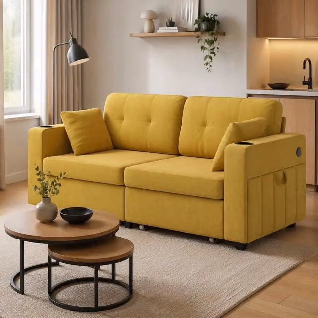 Divano a 2 posti Mivray in ciniglia giallo senape con cassetti contenitore, prese USB e portabicchieri L: 172 cm, P: 82 cm, H: 75 cm