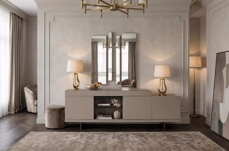Set contenitore laterale, specchio da parete, sgabello, stile moderno, colore beige, elegante, lussuoso, mobile contenitore