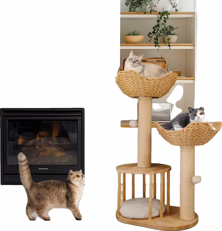 Albero per gatti, tre piani, cuscini di peluche e tiragraffi, legno naturale