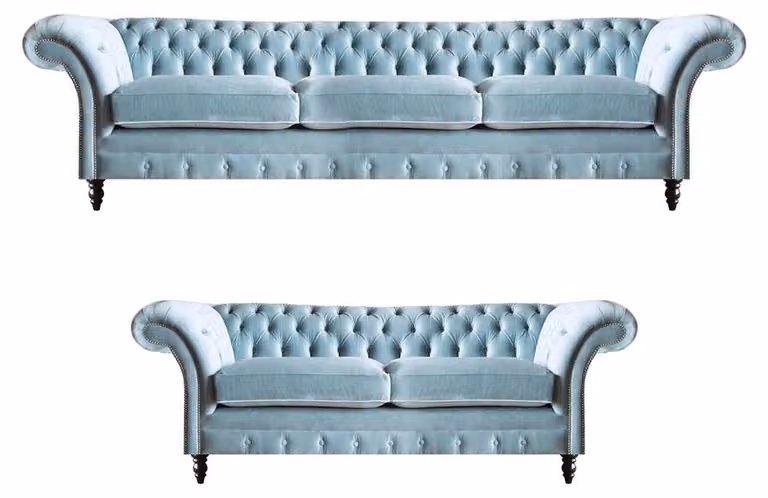 Stilvolle Hellblaue Chesterfield Designer Garnitur Dreisitzer 2-Sitzer