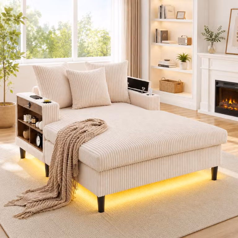 Divano modulare multifunzionale con chaise longue, dotato di ampia superficie di appoggio, portabicchieri su entrambi i lati, illuminazione a LED, tasca laterale, spazio contenitivo e porta di ricarica USB