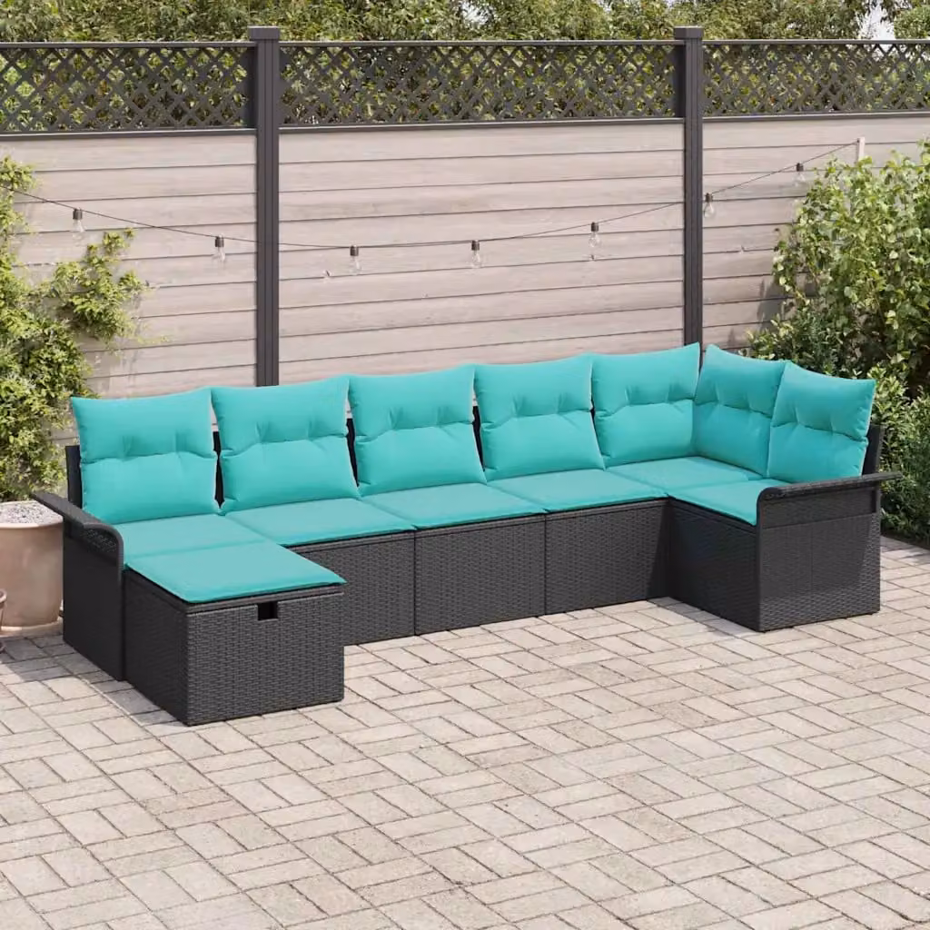 Set Divano da Giardino vidaXL 7 Pezzi a Forma di L con Cuscini, Colore Nero e Turchese
