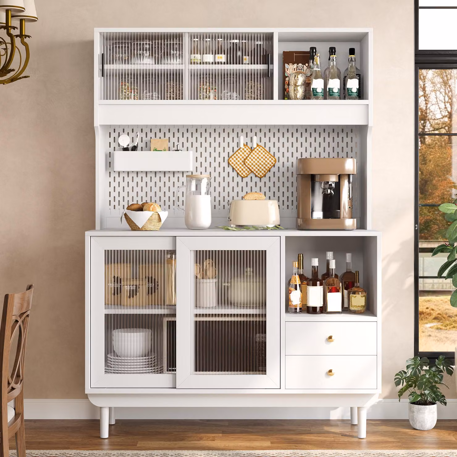 Mobiletto da cucina STILVORA con ante scorrevoli in vetro smerigliato e vani aperti, armadietto da cucina con cassetti, mobiletto buffet con pannello posteriore forato