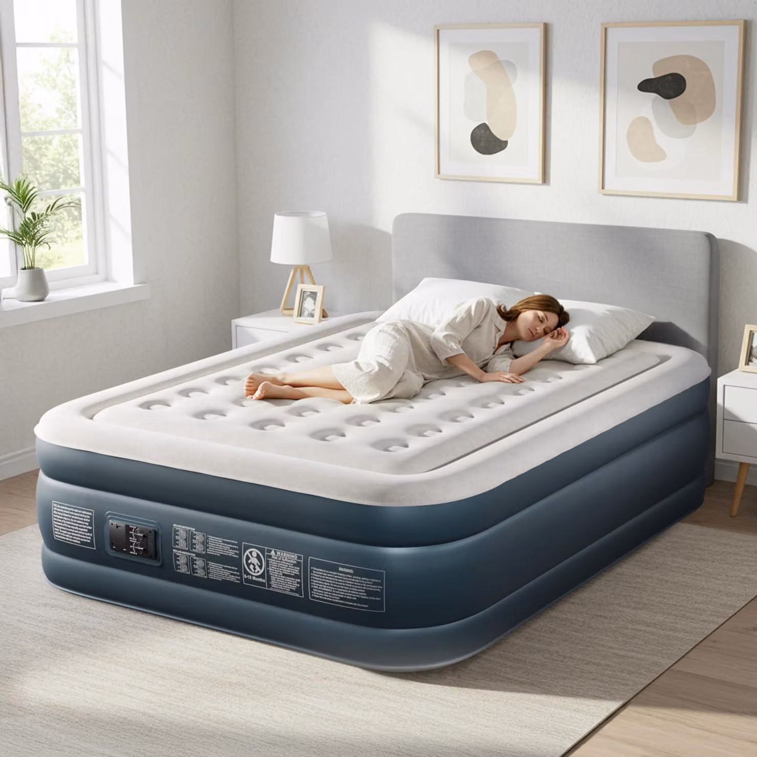 FCH Materasso gonfiabile 2 persone, materasso ad aria con pompa incorporata ，con morbido fliqué, per campeggio, casa, ospiti, 203 x 153 x 45 cm, bianco e grigio