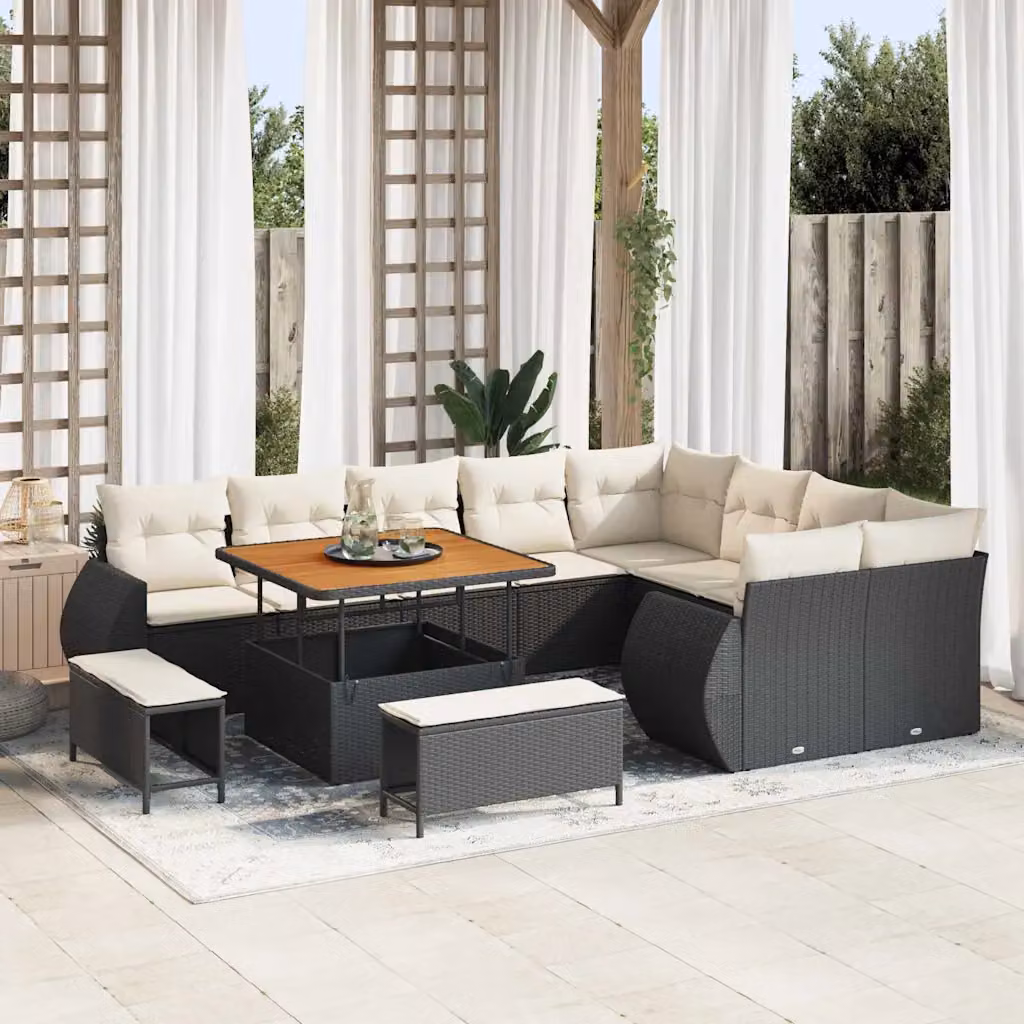vidaXL Set Divano da Giardino Moderno a L con 12 Posti, Nero e Beige, con Cuscini e Tavolino da Esterno – 1