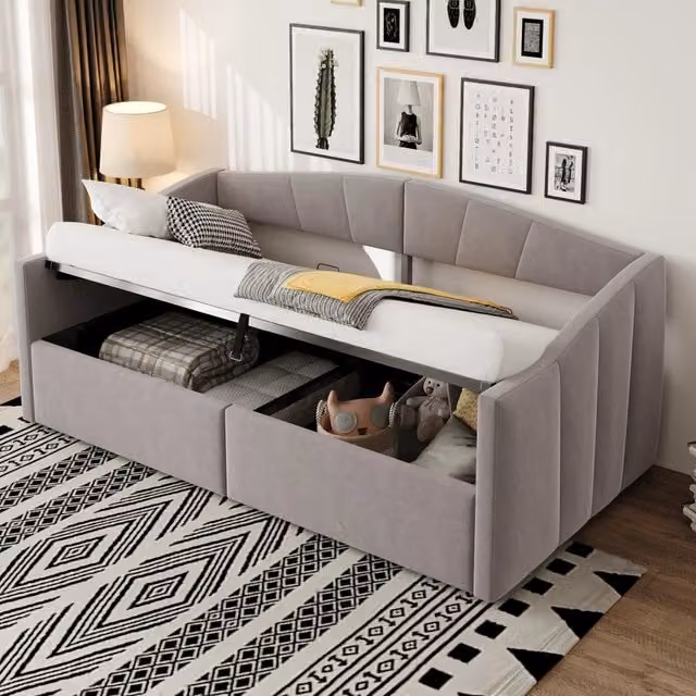 Letto Contenitore Multifunzionale REDOM in Velluto Grigio con Base a Sollevamento L/P/H: 90 x 200 x 38 cm