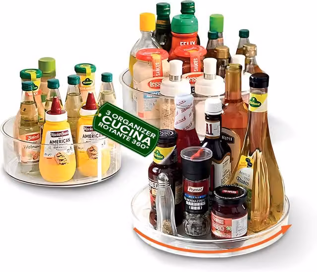 Set di 3 Organizer Girevoli Avilia Home in Plastica Trasparente per Cucina e Dispensa