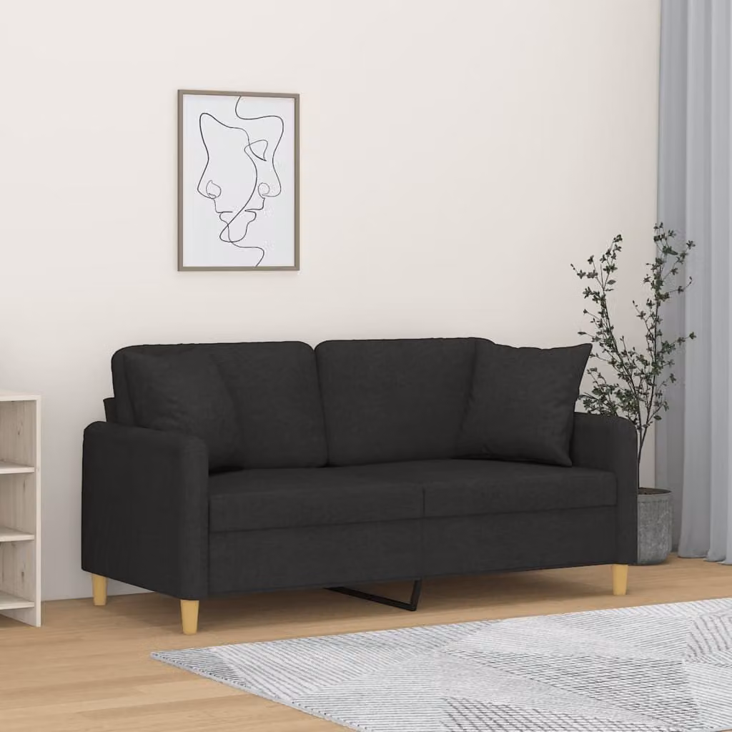 vidaXL Divano a 2 Posti Moderno in Tessuto Nero con Cuscini e Struttura in Metallo – 1