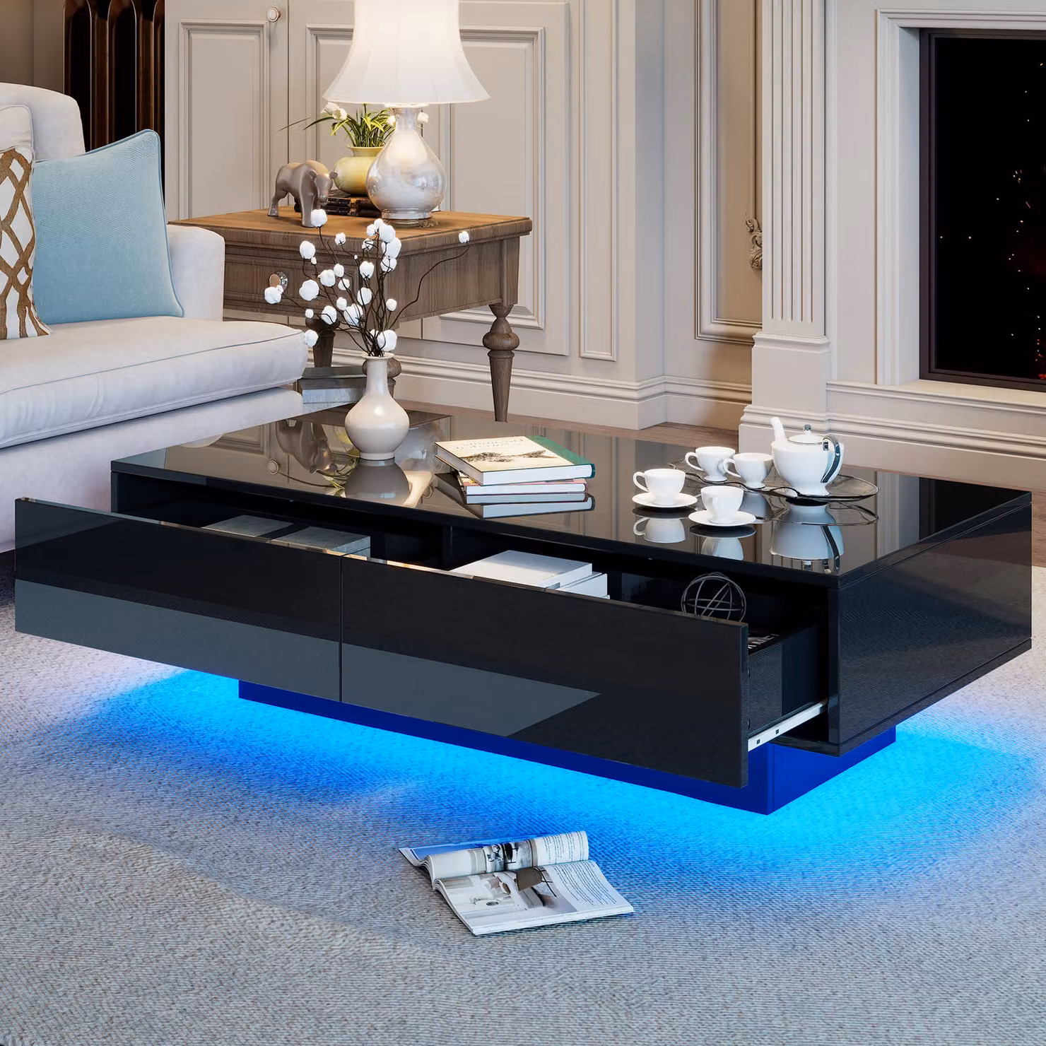 Tavolino MODFU nero, lucido, con LED e 2 cassetti, tavolino da salotto