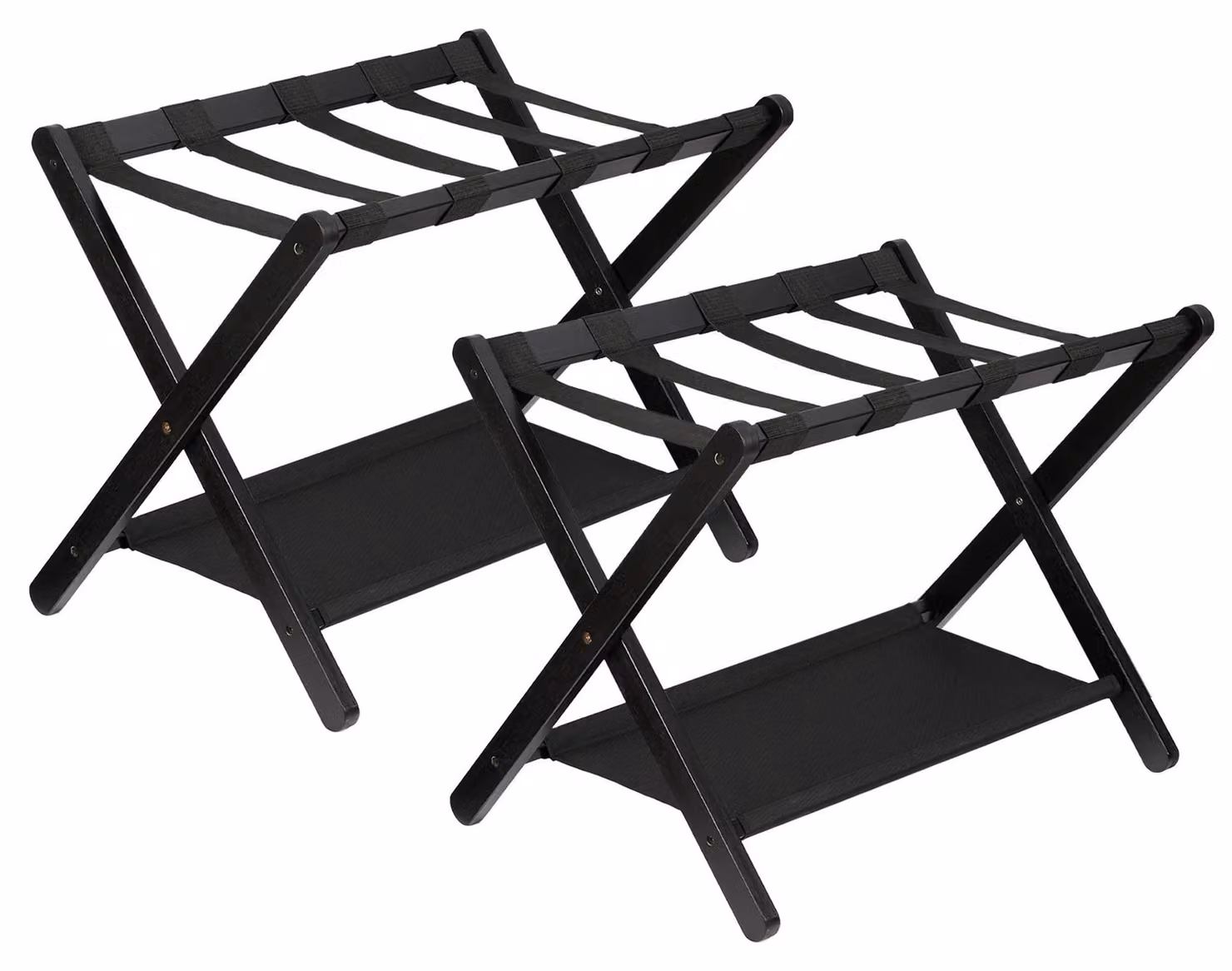 Portabagagli in bambù – Set da 2 di supporti pieghevoli per bagagli – A 2 livelli con ripiano – Cinghie in nylon – Capacità di carico fino a 50 kg – Ideale per camere da letto, camere per ospiti, hotel – Colore: nero
