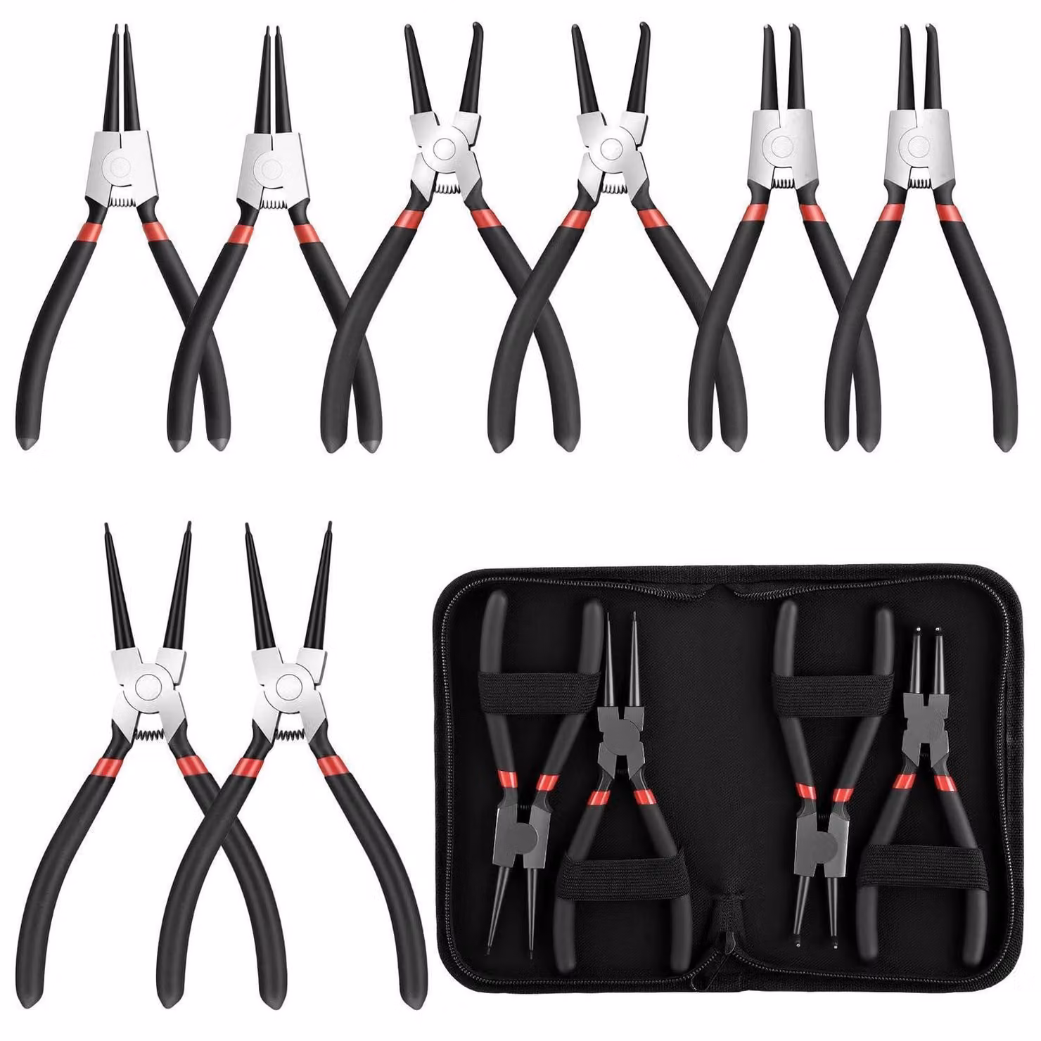 Set di pinze a becco lungo, 8 pezzi, lunghezza 180 mm, con fissaggio interno ed esterno, a becco dritto e curvo, Acciaio al carbonio, inclusa custodia