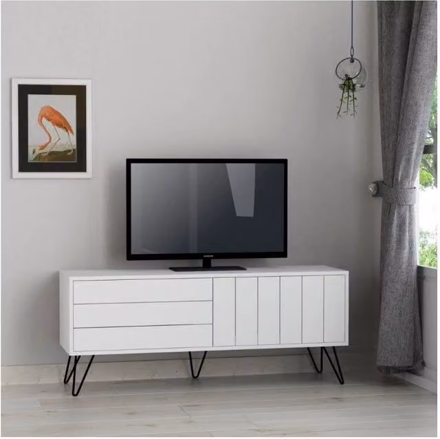 Mobile porta TV Piccadilly con due ante a ribalta, design moderno in legno e metallo, colore bianco, L: 139 cm, P: 36 cm, H: 57 cm – 1