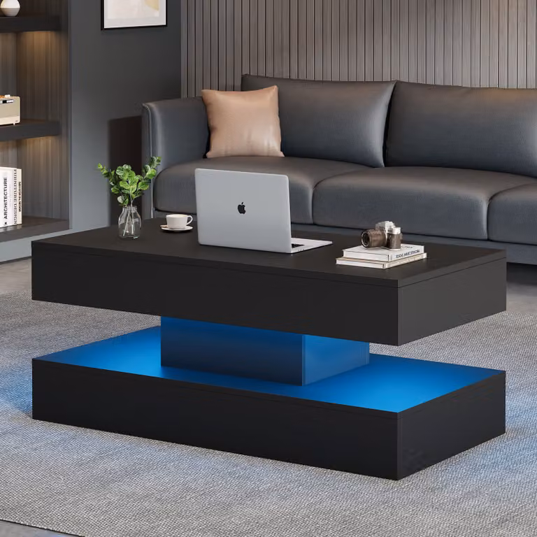 Tavolino STILVORA 100x50x42 cm lucido Tavolino ad alzata idraulica con vano portaoggetti nascosto, tavolo da soggiorno con illuminazione a LED, nero