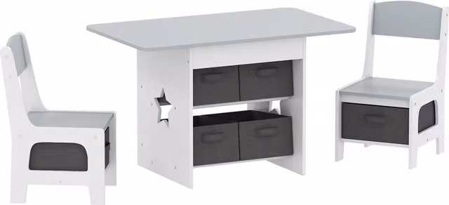 Set Tavolo e Sedie per Bambini AIYAPLAY in Legno e Tessuto con 6 Cassetti e Bordi Arrotondati, Grigio e Bianco