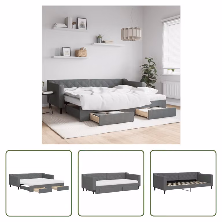 The Living Store Letto da giorno allungabile con cassetti grigio scuro 90x200 cm in tessuto