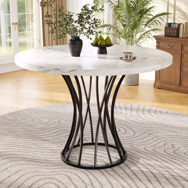 Tavolo da Pranzo Rotondo ¨C MINIMAL ¨C Piano MDF Effetto Marmo, Gambe Nere, 80x80x76 cm