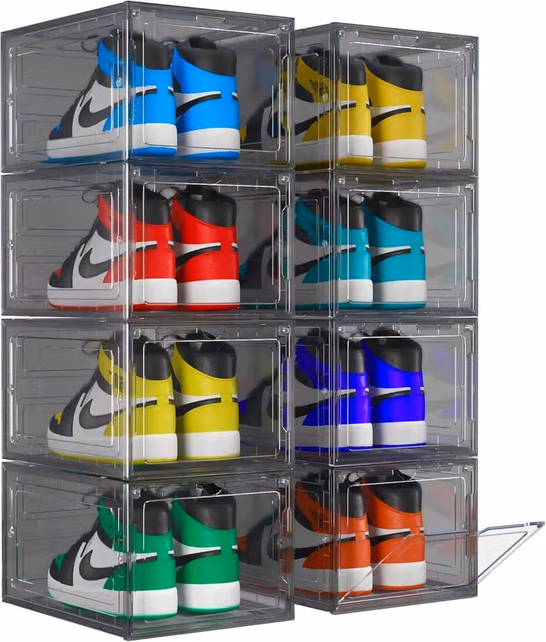 Contenitori per scarpe, set da 8, grigi, in plastica trasparente, adatti a scarpe da uomo di taglia EU 47, ideali per l'ingresso