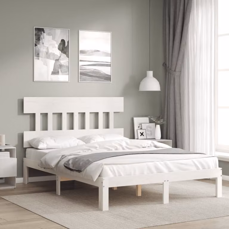 The Living Store Letto in legno massiccio con testiera bianco 140x190 cm
