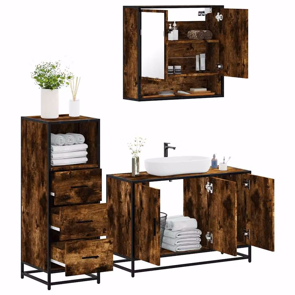 Set di mobili da bagno 3 pezzi vidaXL in stile industriale color rovere fumo con mobile lavabo, armadietto con specchio e mobile laterale in legno e metallo L/P/H: 90 x 33 x 60 cm