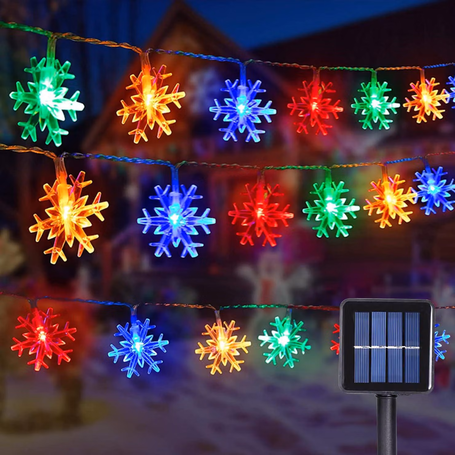 Catena luminosa a LED a forma di fiocchi di neve, 12 metri, 100 LED, alimentazione solare, grado di protezione IP65, 8 modalità