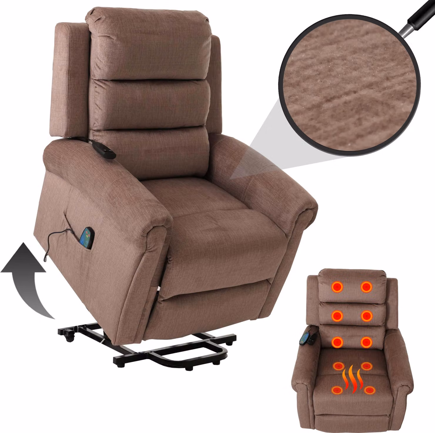Poltrona TV MCW-K63, poltrona reclinabile, funzione di distensione, ausilio per alzarsi, massaggio, funzione riscaldante, tessuto in ciniglia 220 g/m² ~ marrone