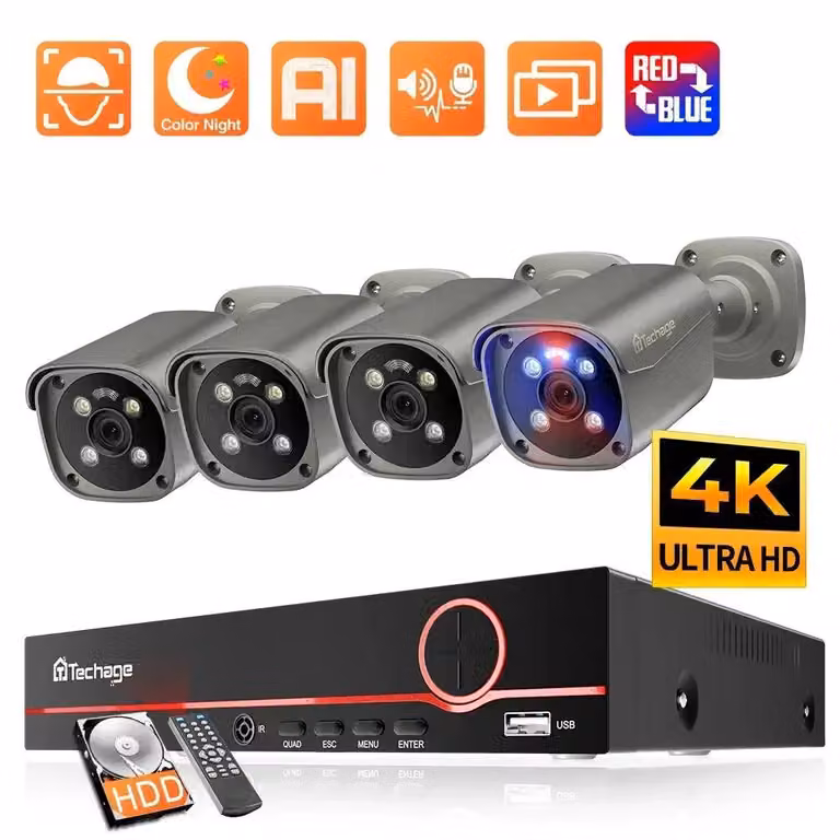 Sistema di sicurezza 8 canali – Kit di videosorveglianza con 6 telecamere – Risoluzione 4K 8MP – Rilevamento umano tramite intelligenza artificiale – Luce di allarme rossa e blu