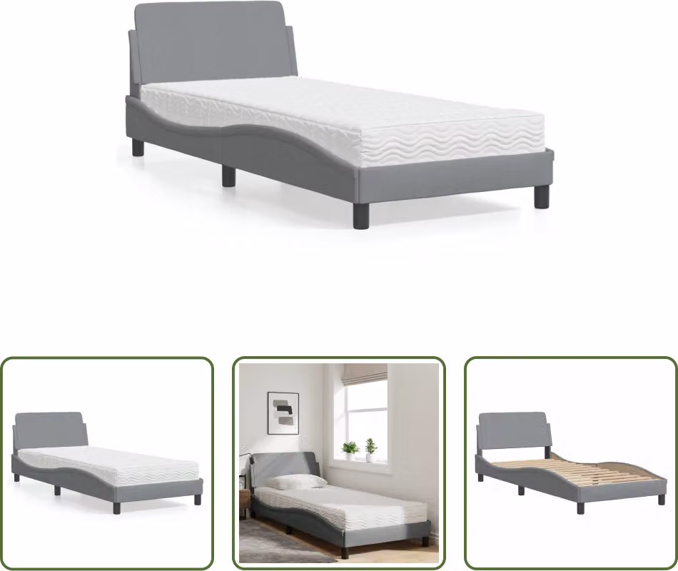 The Living Store Letto con materasso grigio chiaro 90x190 cm in tessuto