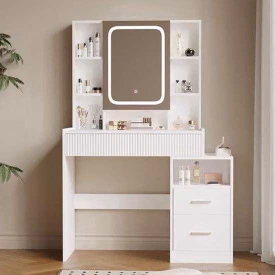 Comò da trucco con specchio a LED, 3 cassetti e 8 ripiani, dimensioni 96,5 x 40 x 141 cm, colore bianco